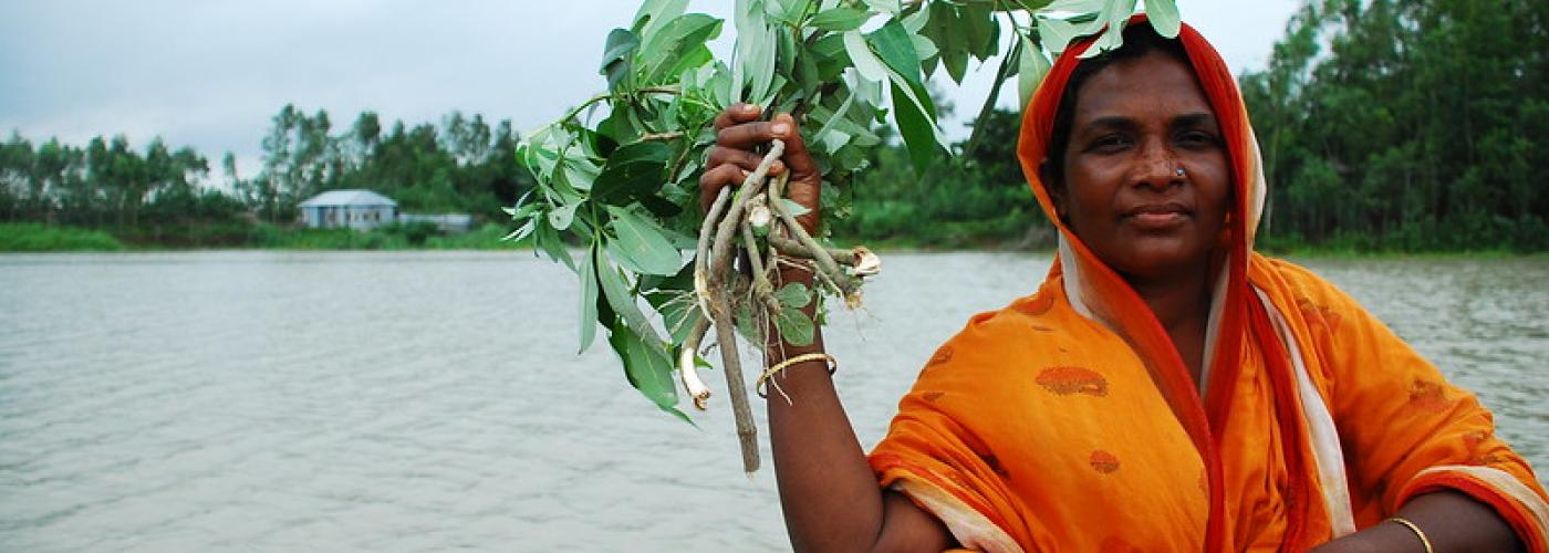 Photo: Woman in Bangladesh sitting by river, holding plant