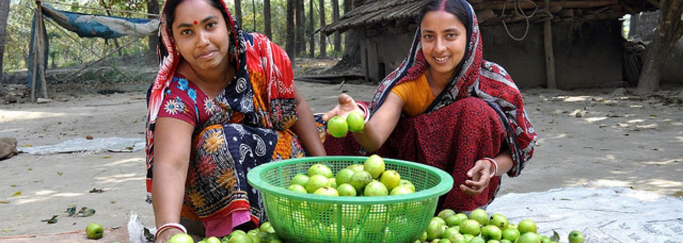 Two Bangladeshi women  looking at camera sorting plum seeds.
