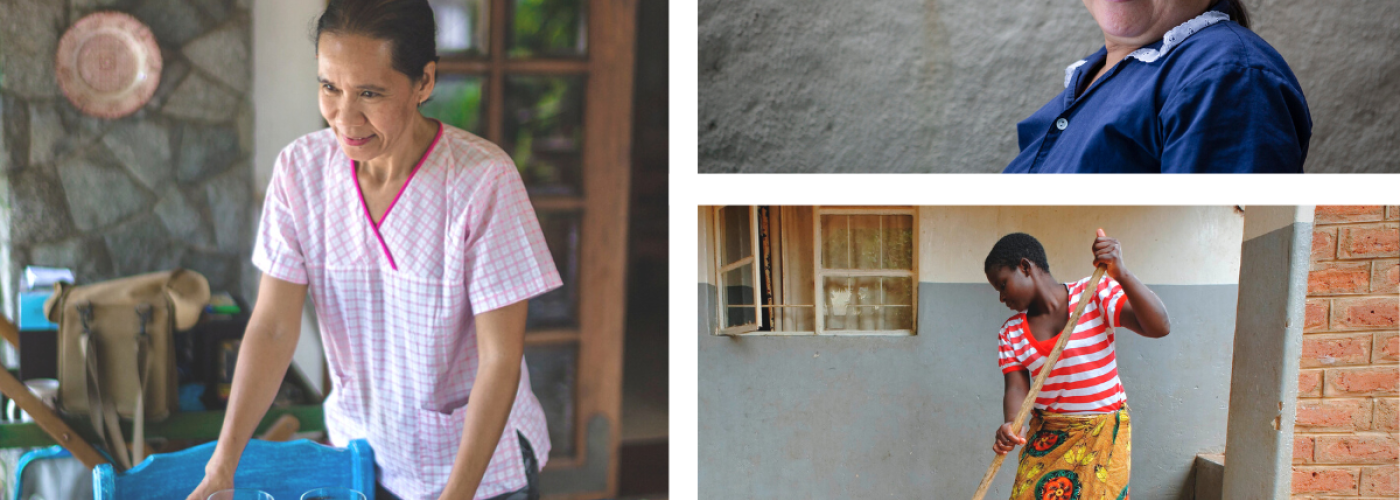 Collage of three photos of women domestic workers from around the world