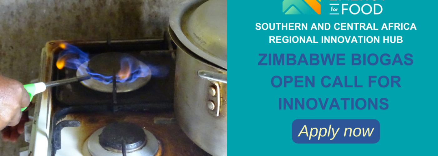 A photo of a biogas stove being lit with the text "Zimbabwe Biogas Open Call for Innovations - Apply Now! we4f.org/apply-zw