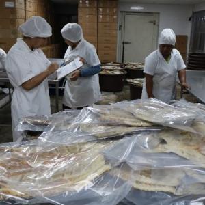 Photo: Men and women work in a food packaging factory. 