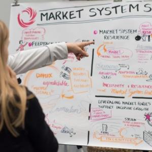 A woman points to a dry erase board with market system symposium information on it