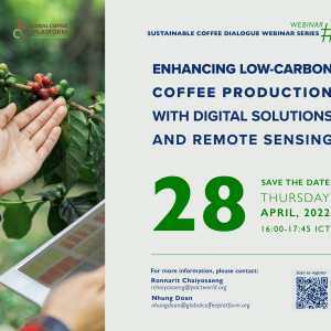 Save the Date card for April 28th webinar on remote-sensing solutions for low-carbon coffee production. 