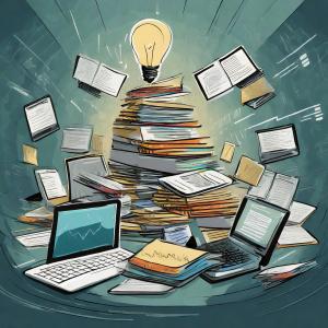 Image (illustration) of several laptops, documents, and a lightbulb to symbolize research and its impacts. (Adobe Firefly)